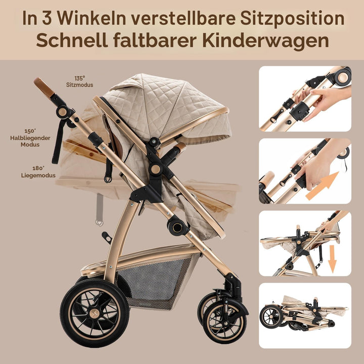 Gcarebb 3 in 1 Kinderwagen Reisesystem, Kinderwagen mit höhenverstellbarem Griff, Reisewagen mit Mos