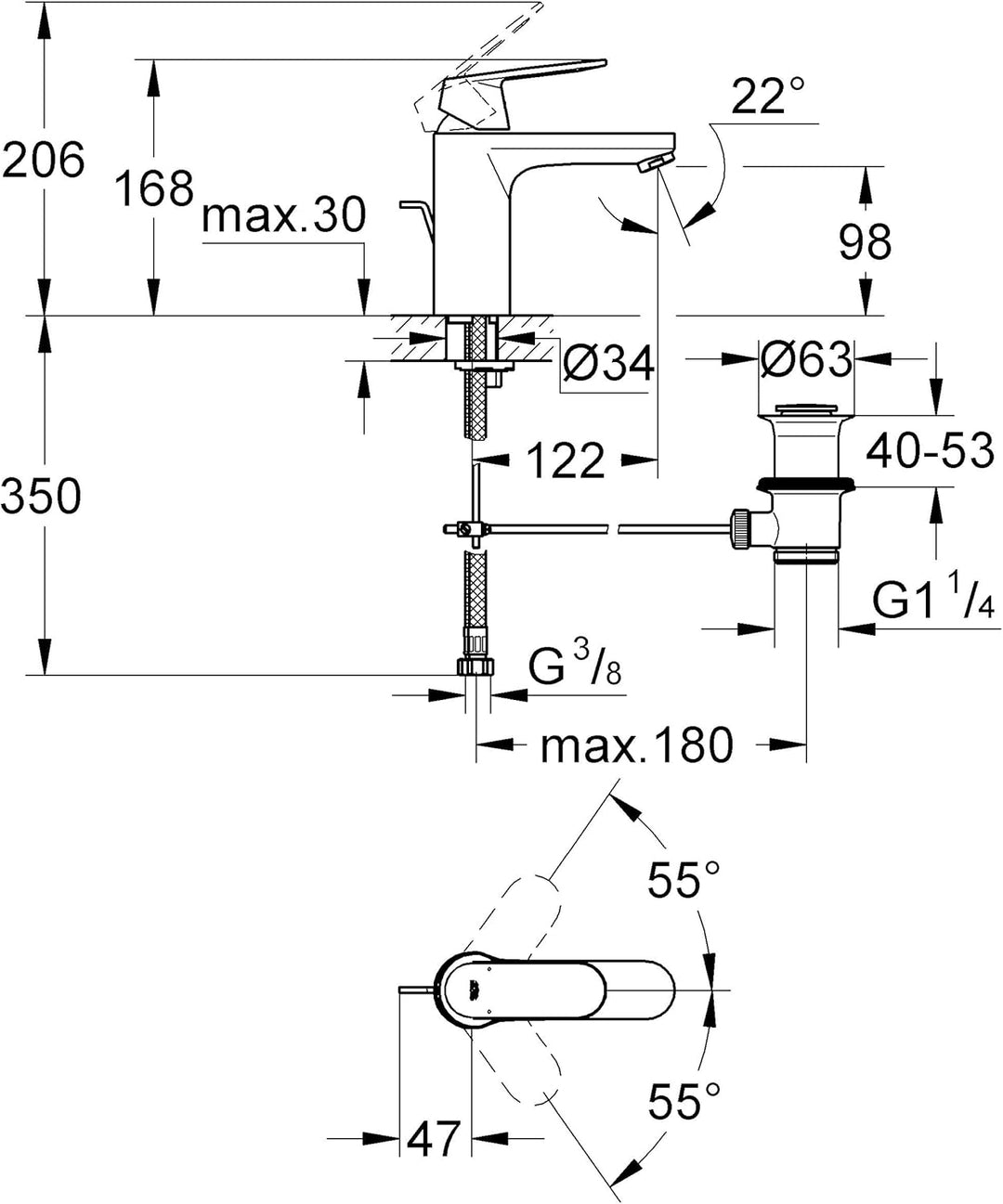 Grohe Eurosmart Cosmopolitan Badarmaturen Einhand-Wannenbatterie (DN 15, mit Brausegarnitur) chrom &