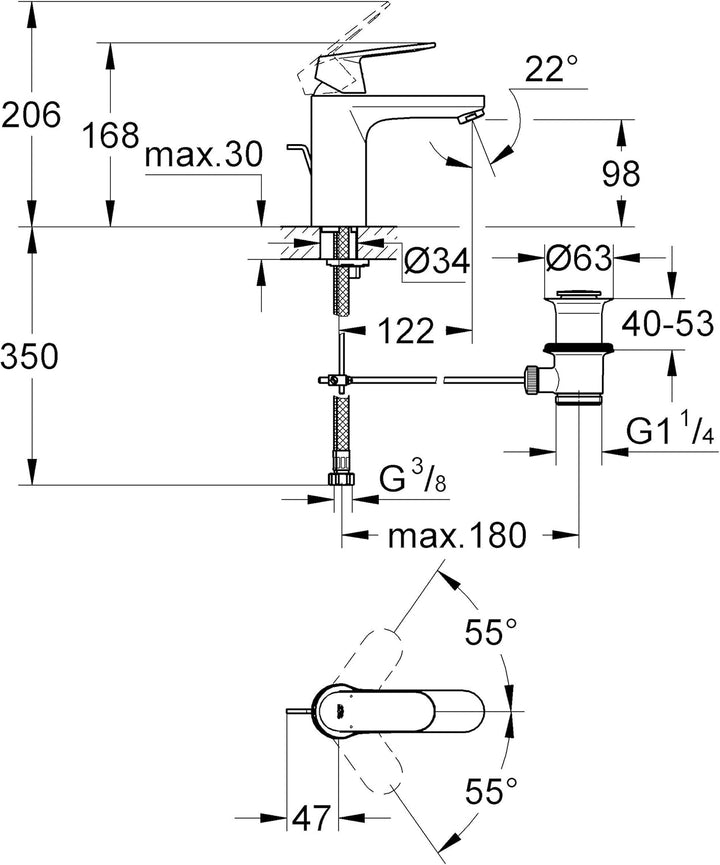 Grohe Eurosmart Cosmopolitan Badarmaturen Einhand-Wannenbatterie (DN 15, mit Brausegarnitur) chrom &