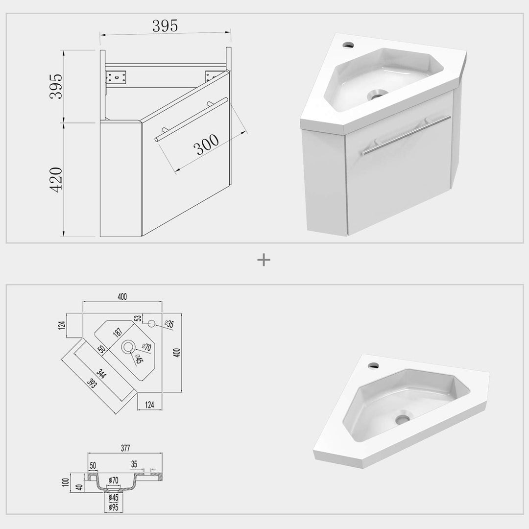 HAPAOSO Eckwaschbecken mit Unterschrank Gäste Wc Klein 40 cm Eckschrank Weiss 1 Soft-Close Türen Hän