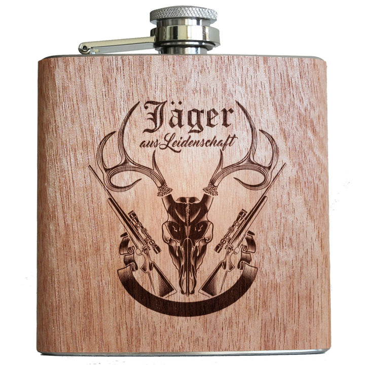 Pixelstudio Holz Flachmann Jäger 6oz | Mit Gravur und Spruch. Geschenk Idee für Männer Jagd Hirsch G
