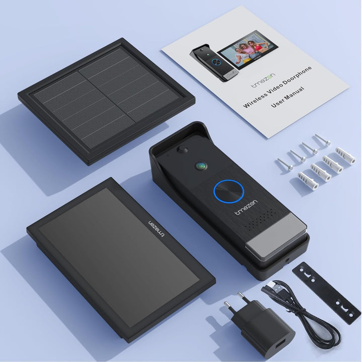 TMEZON WLAN Kabellose Video-Türsprechanlage mit 7''Touchscreen, 1080P Türklingel Kamera mit Solarbet