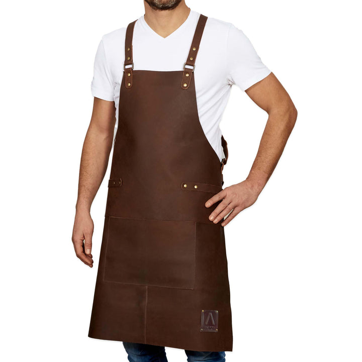 REDSALT® Premium Lederschürze 100% Büffel Leder 84x62cm Crossback braun | Profi BBQ Grillschürze | A