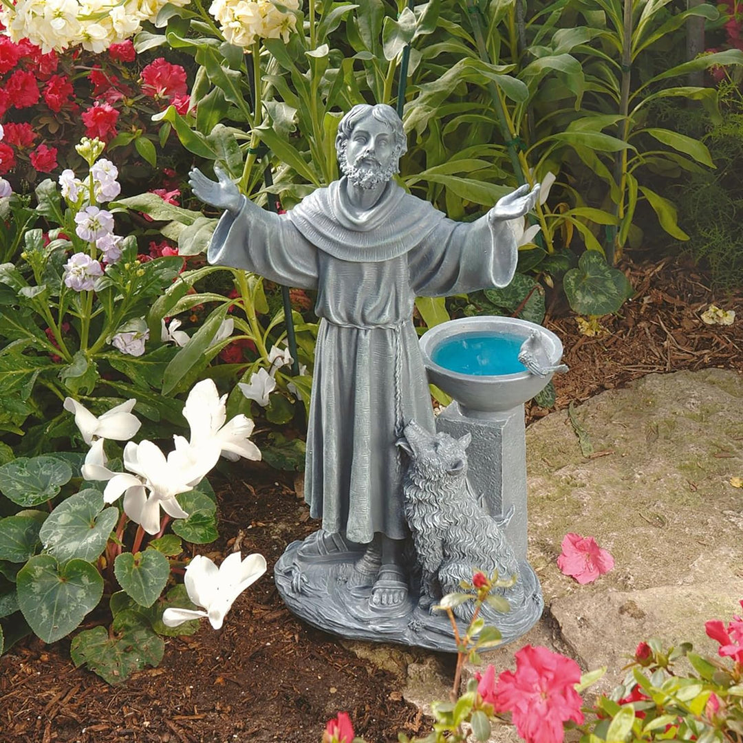 Design Toscano St. Francis Segen Religiöse Gartenstatue mit Vogeltrinkstelle, Polyresin, steingrau,