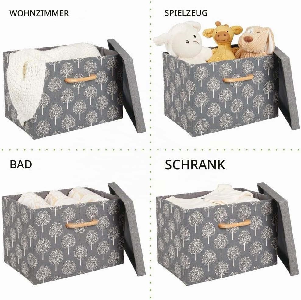 mDesign 2er-Set Aufbewahrungsbox – weich strukturierte Stapelbox mit Deckel und Holzgriff – stabile