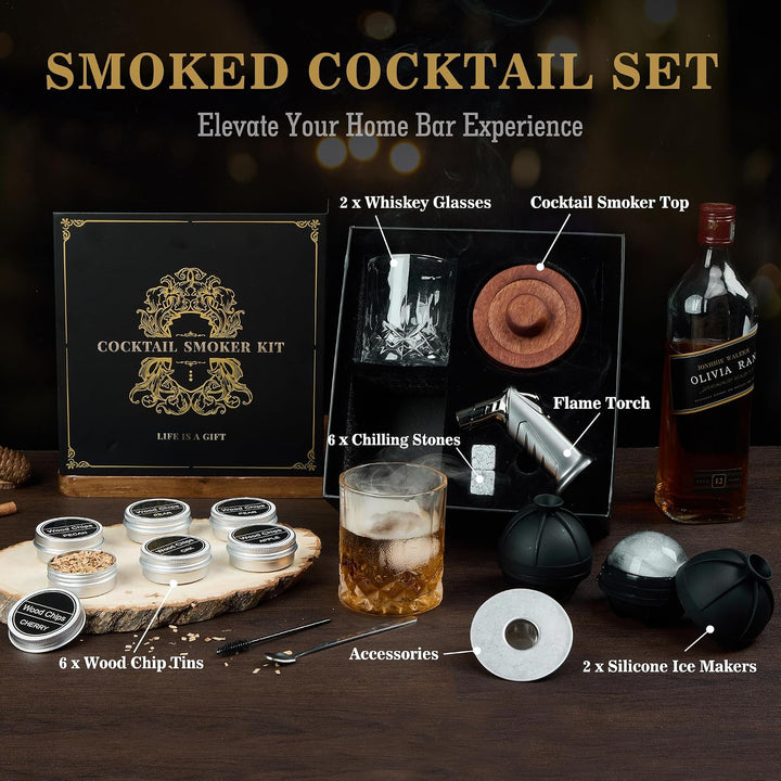 Cocktail Smoker Set Prestige Whisky mit 2 Gläsern und Brenner ohne Gas | Prestige Geschenkset schwar