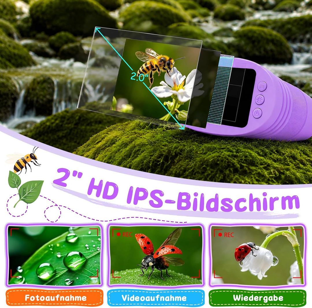 Digitales Mikroskop für Kinder 1000X, Abenteurer Mikroskop für Kinder mit 2 Zoll HD-Bildschirm, 8 LE