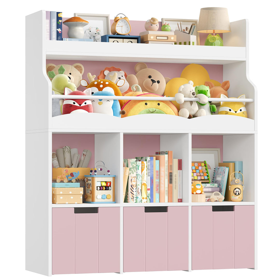 HOCSOK 110cm Kinderregal mit Boxen auf Rollen, Kinderbücherregal mit 4 Ablagefächern, Spielzeugregal