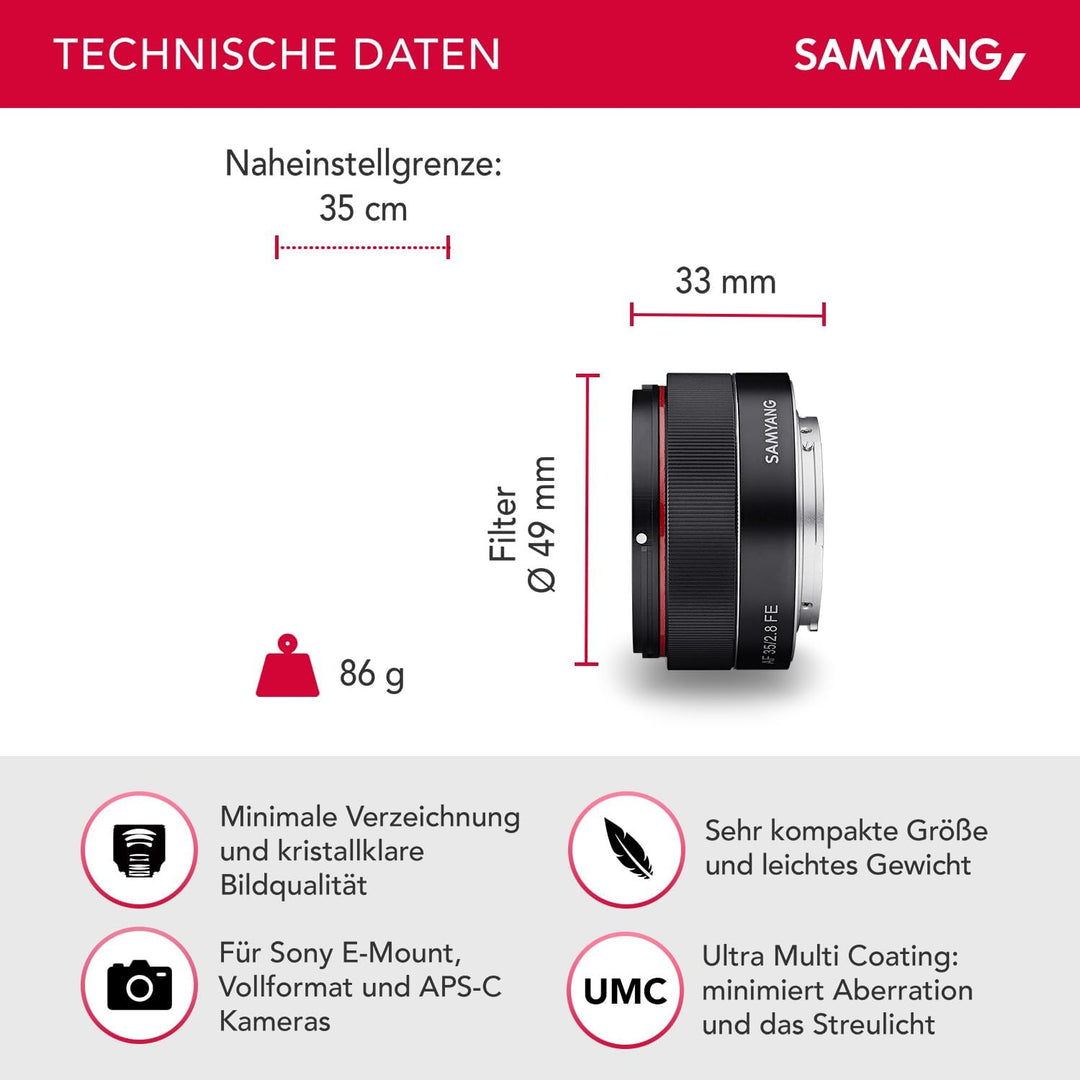 Samyang AF 35mm F2,8 FE für Sony E-Mount Vollformat & APS-C, Pancake Weitwinkelobjektiv mit 63,1° Bi