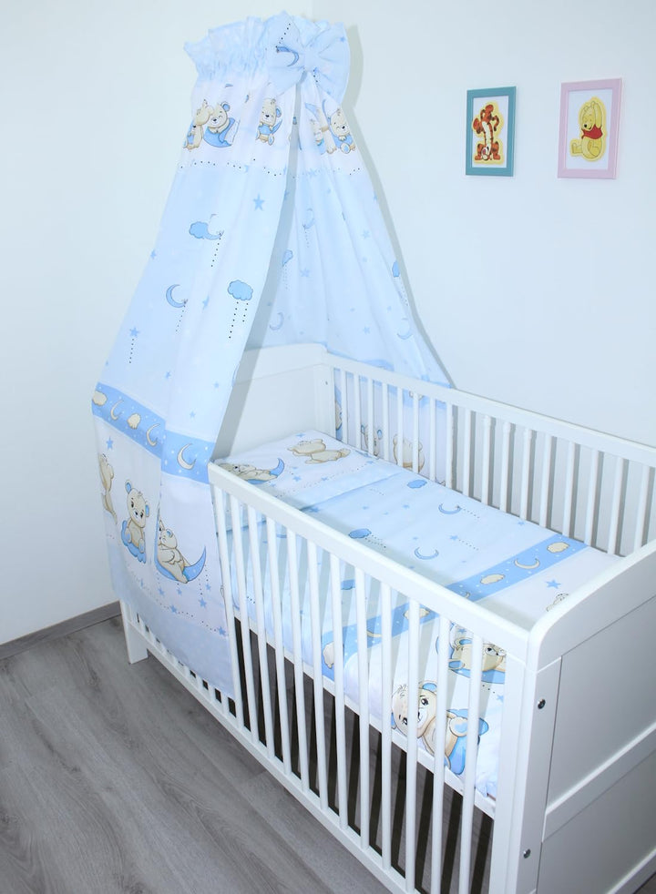 Baby Bettset Bettwäsche mit Himmel Vollstoff - Bärchen Blau - Bettausstattung Set (4 teilig), 4 teil