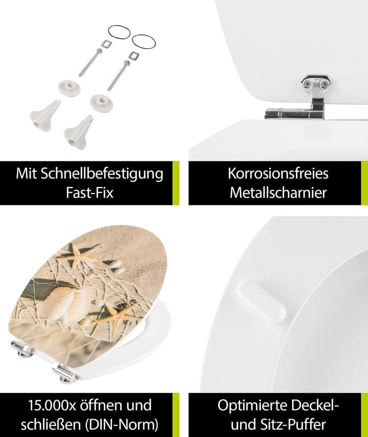 'aquaSu® WC-Sitz mit Absenkautomatik, Maritim Dekor Strandperlen, High Gloss Toilettensitz mit Holz-