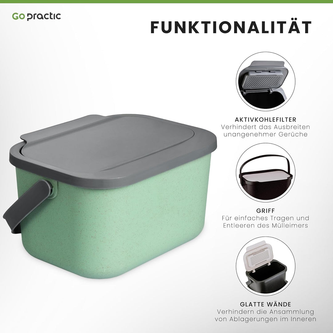 Biomülleimer Küche 4,5L Komposteimer, Küchen Mülleimer, Grün/Grau mit Deckel, Bio für Obst und Gemüs
