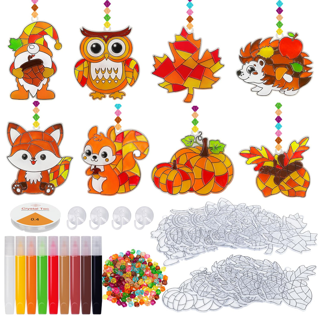 AHIKY Herbst Sonnenfänger Basteln Set, 24 Stück Herbstdeko Basteln für Kinder, Kürbis Igel Eule zum
