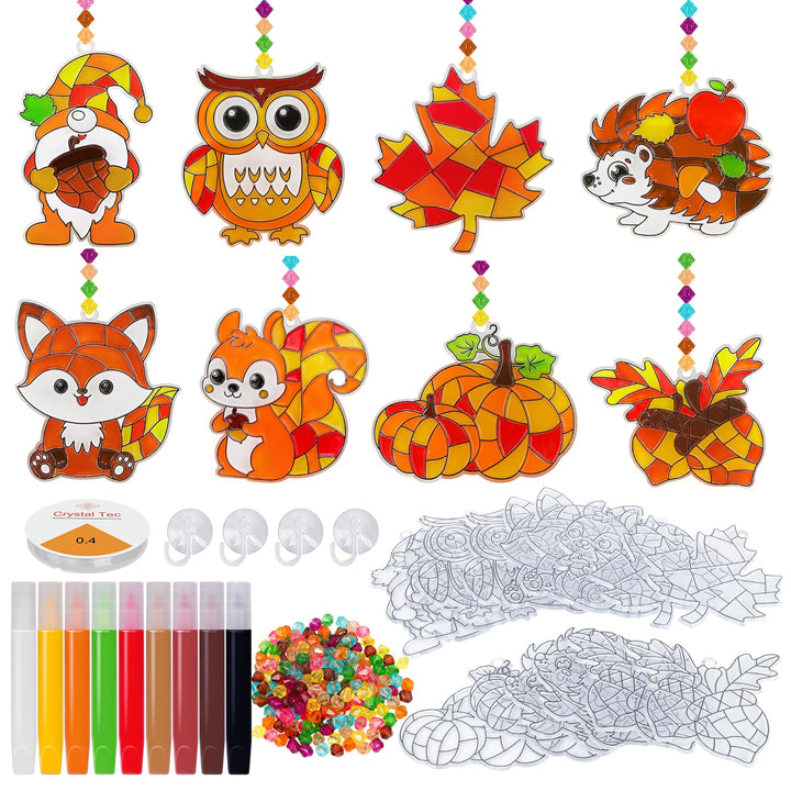 AHIKY Herbst Sonnenfänger Basteln Set, 24 Stück Herbstdeko Basteln für Kinder, Kürbis Igel Eule zum