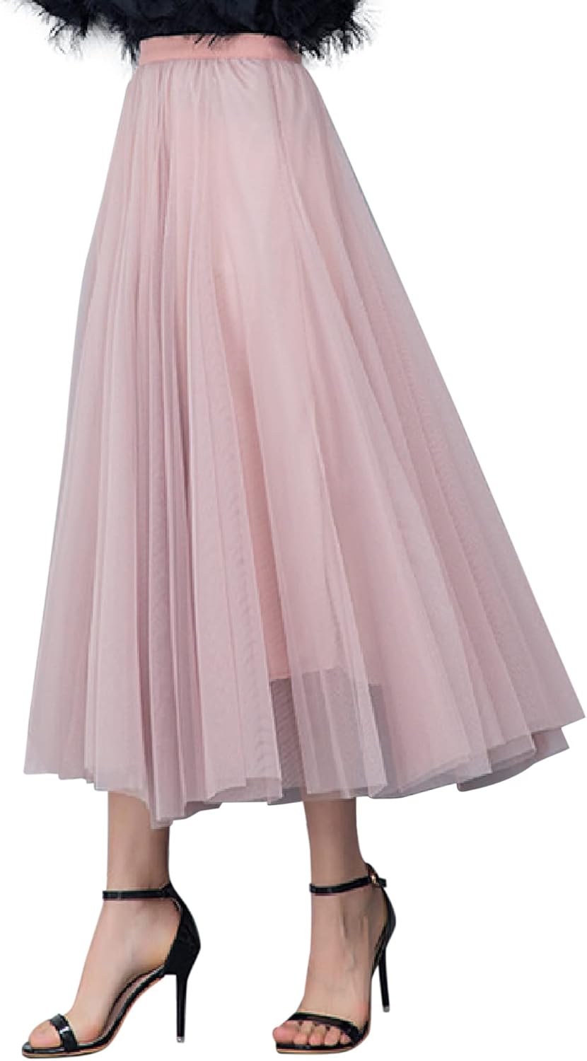 Damen Tüllrock Midi Faltenrock Hoher Bund Schick Rock Elastisch Taille Drapiert Stoff 36-40 Rosa, 36