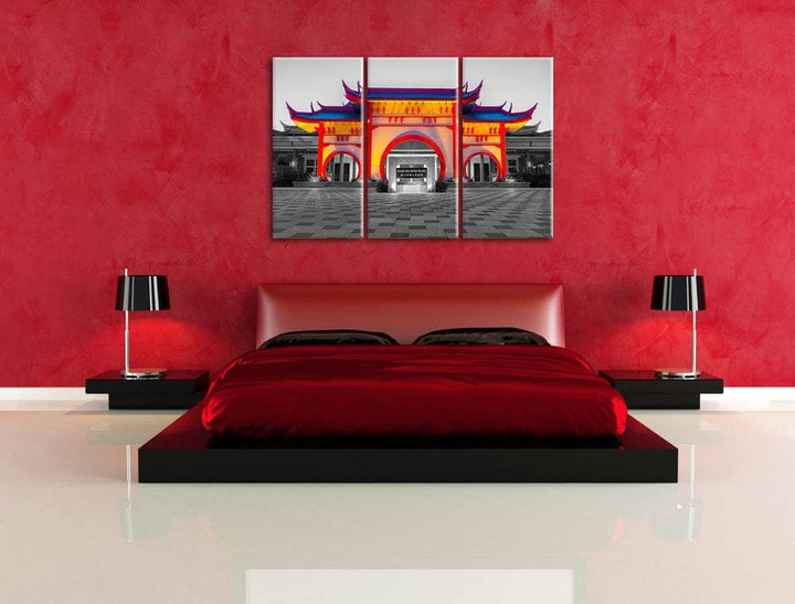 Bunter chinesischer Tempel schwarz/weiss 3-Teiler Leinwandbild 120x80 Bild auf Leinwand, XXL riesige