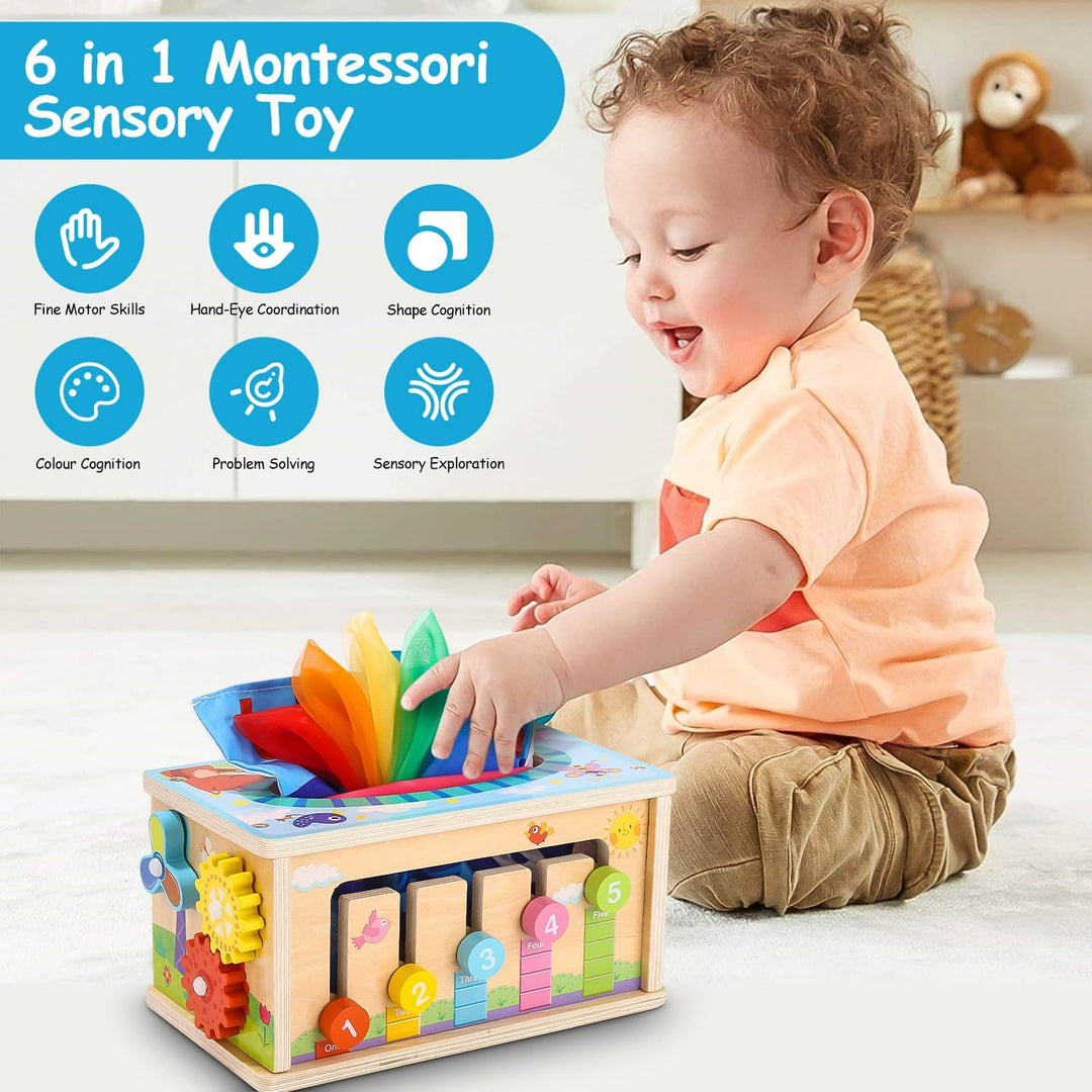 Yulado Montessori Spielzeug ab 1 2 3 Jahr,6-in-1 Tücherbox mit Knistertuch, Motorikwürfel Holzspielz