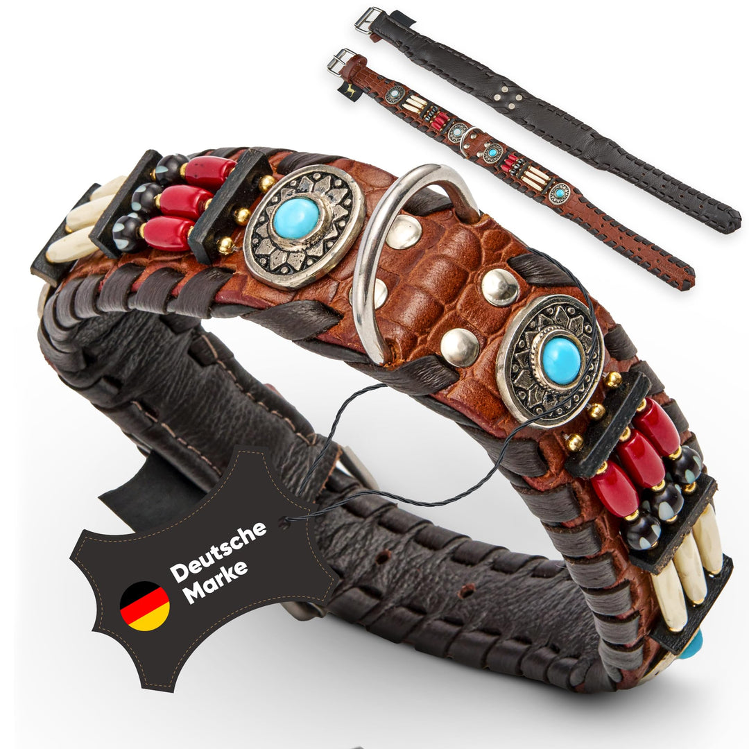 MICHUR Carlota Halsband Indianer, Hundehalsband Leder Braun, Lederhalsband Hund, Halsband, MIT TÜRKI