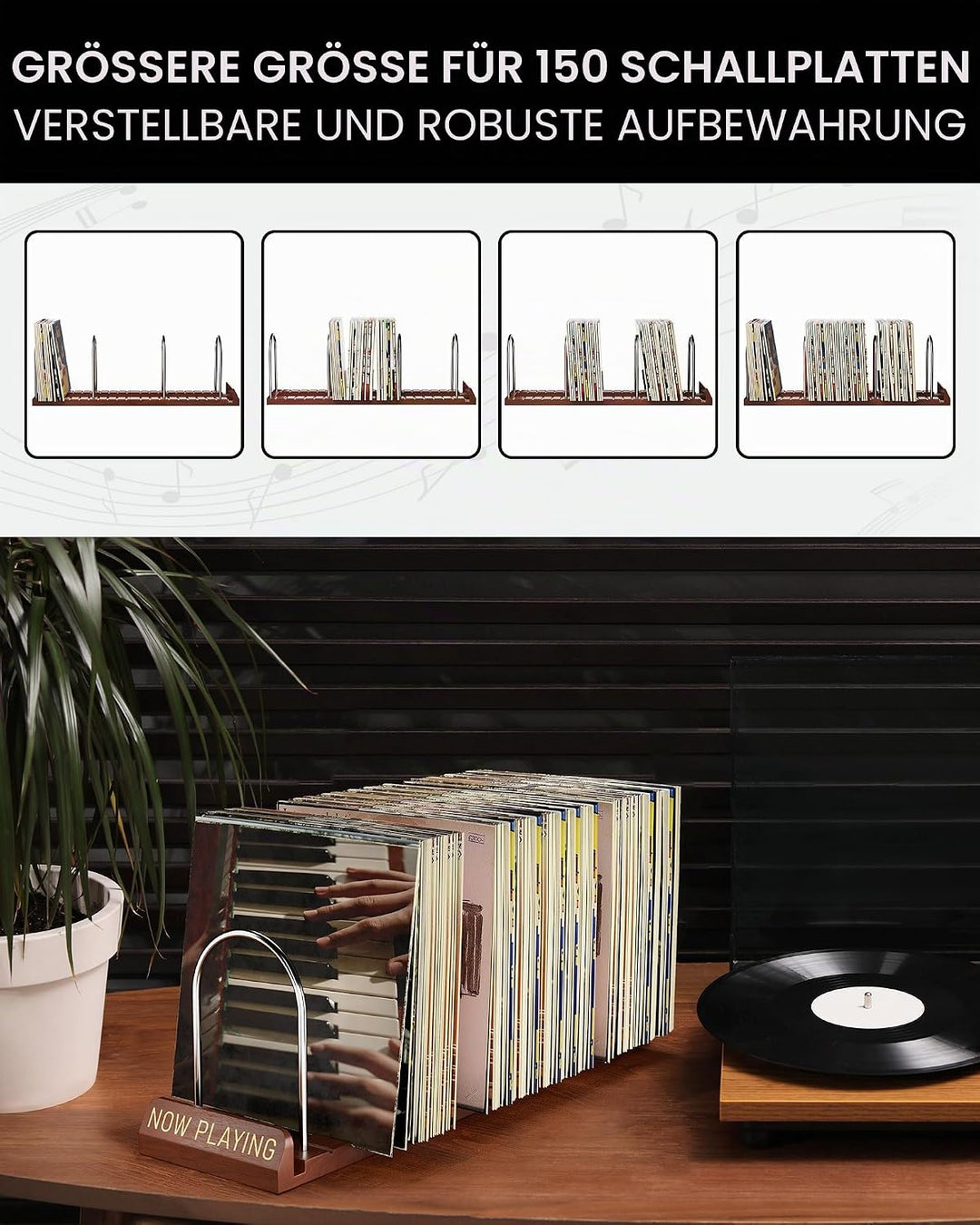 BS-VOG Now Playing Vinyl-Schallplattenständer, 150 LP Schallplattenaufbewahrung mit rutschfesten Ril
