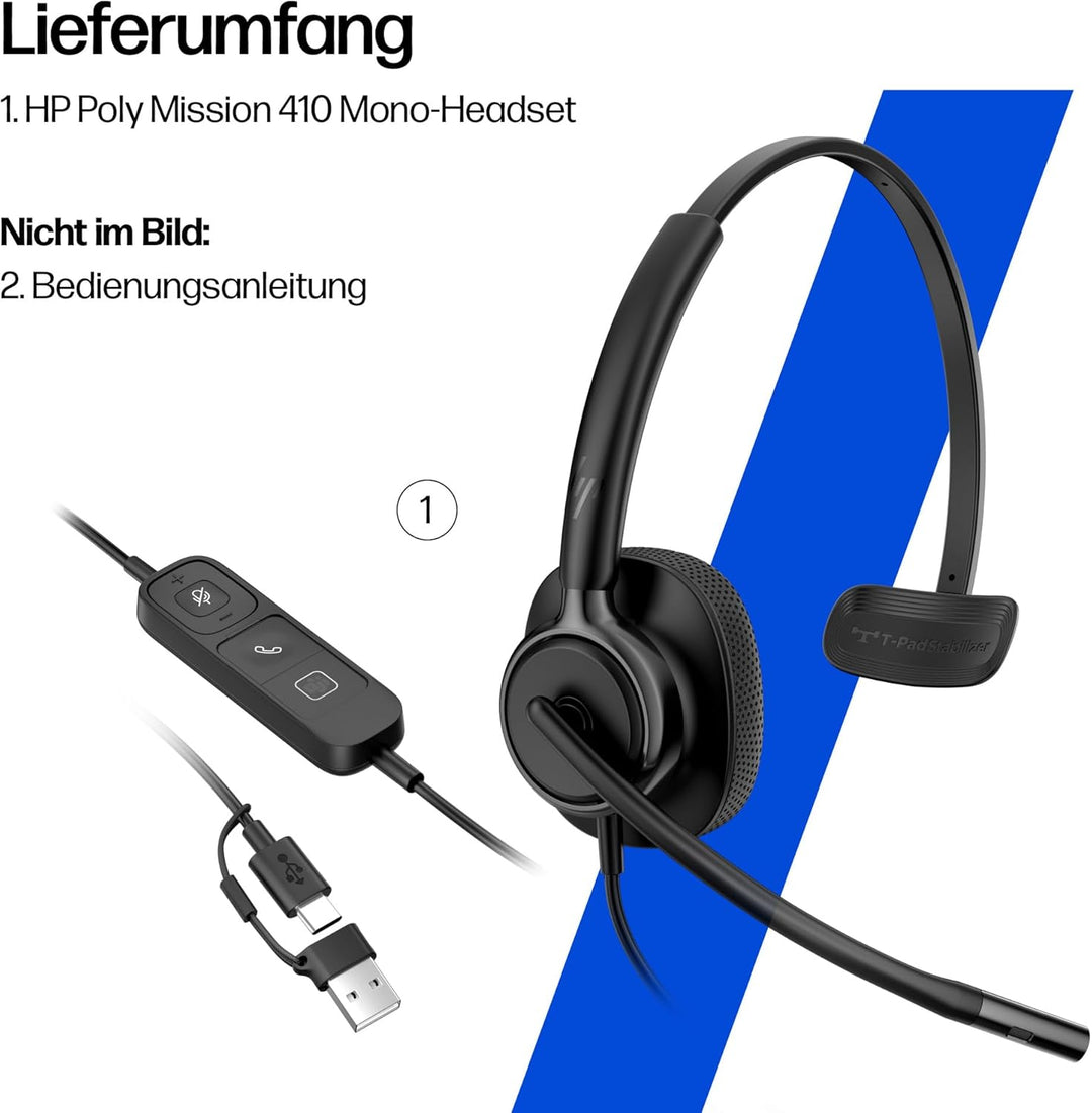 Poly Mission 410 Headset für PC, Monaural, USB‑C/USB‑A, KI‑Geräuschunterdrückung, UC‑Zertifiziert, S