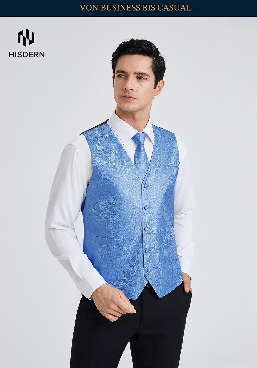HISDERN Herren FLoral Hochzeit Weste Krawatte Einstecktuch Taschentuch Jacquard Weste Anzug Set S He