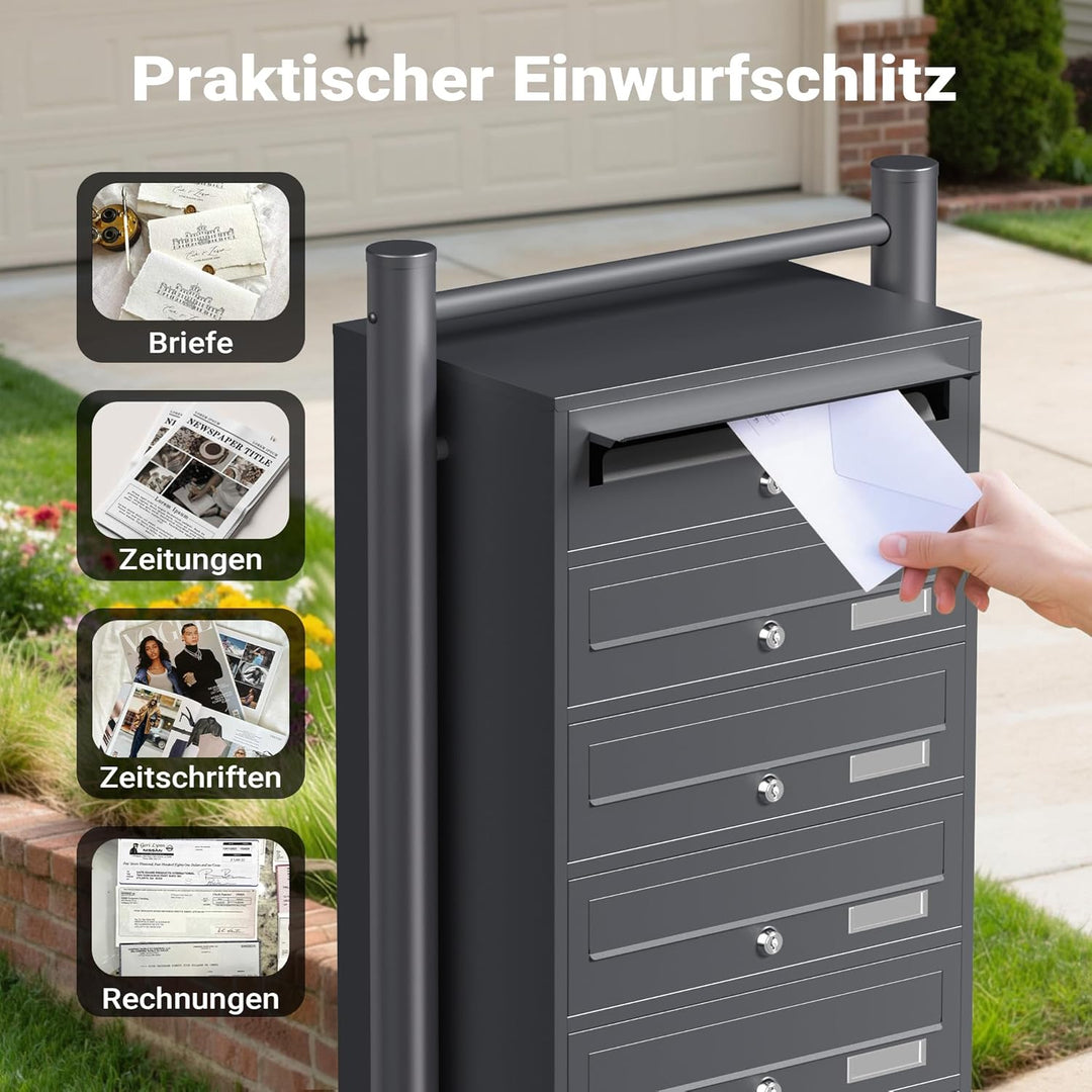 6er-Briefkastenanlage mit Standfuss, pulverbeschichtet in Anthrazit, 2 Schlüssel je Postfach