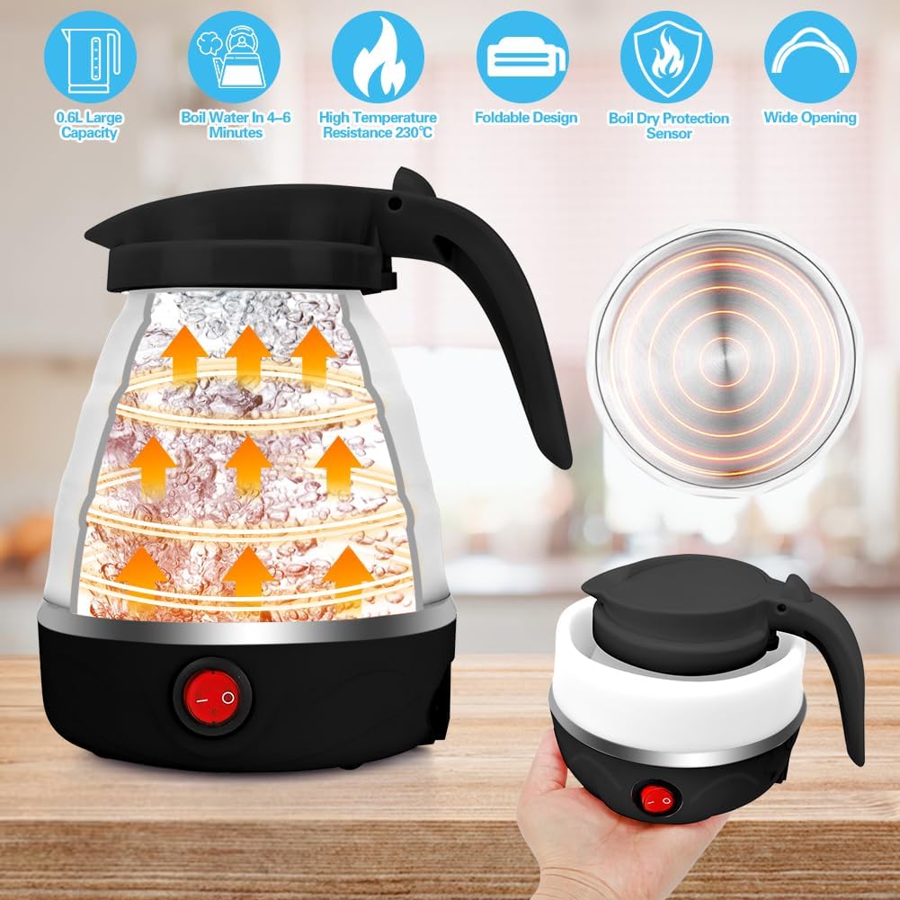 RANJIMA Wasserkocher Faltbar, 600ml Tragbarer Camping Wasserkocher Elektrischer Wasserkocher Mini Re