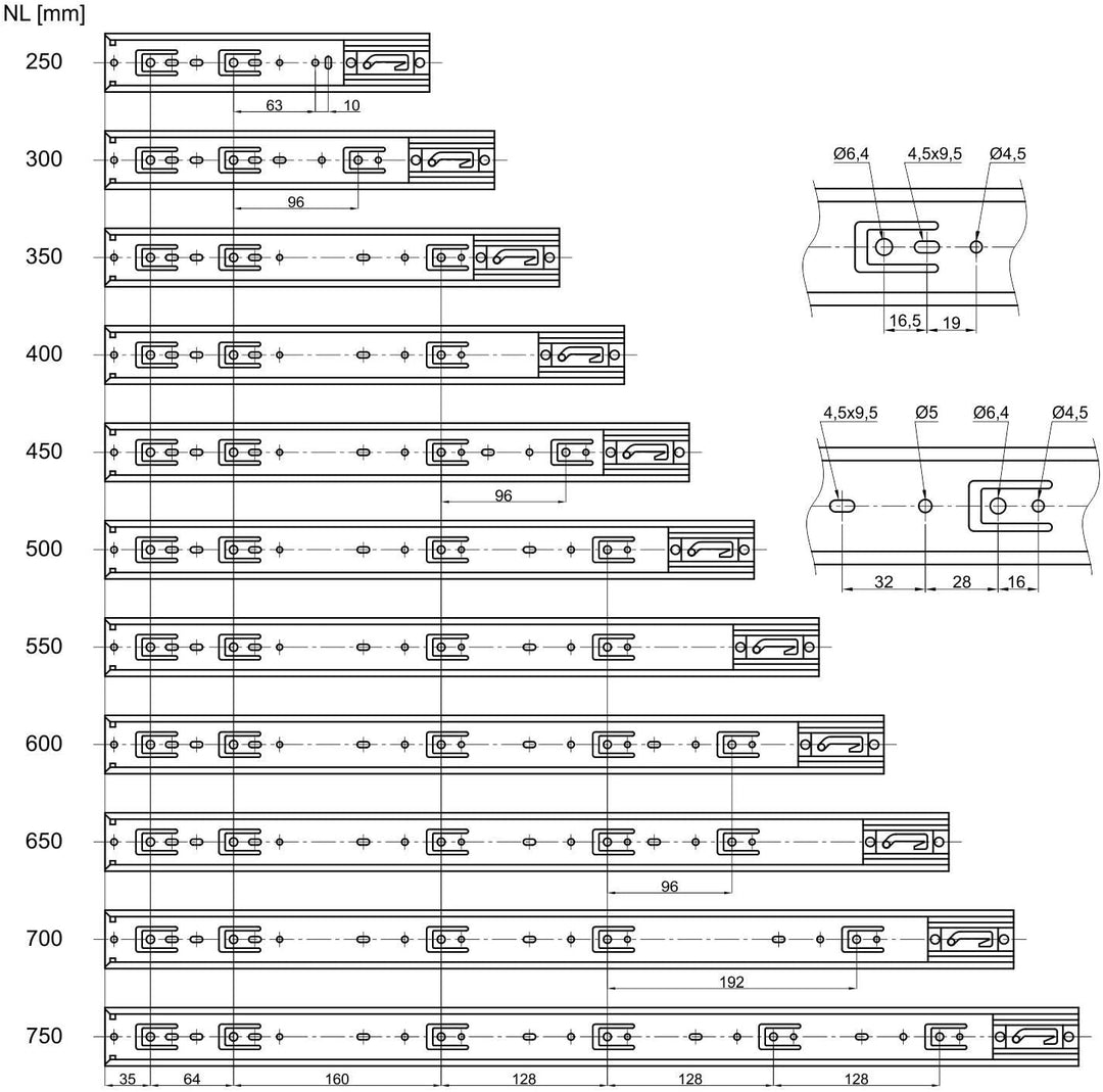 1 Paar Vollauszüge KV2-35-H45-L700-SE mit Selbsteinzug Länge 700 mm Höhe 45 mm Führungsschienen bela