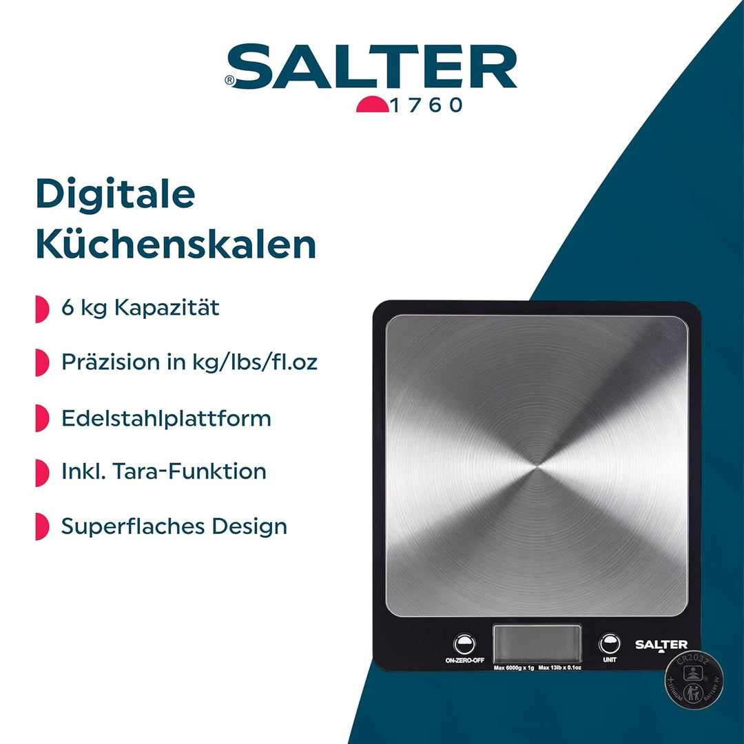 Salter Küchenwaage Digital, Digitale Küchenwaage mit Grossem Display, Waage Küchenwaage mit Edelstah