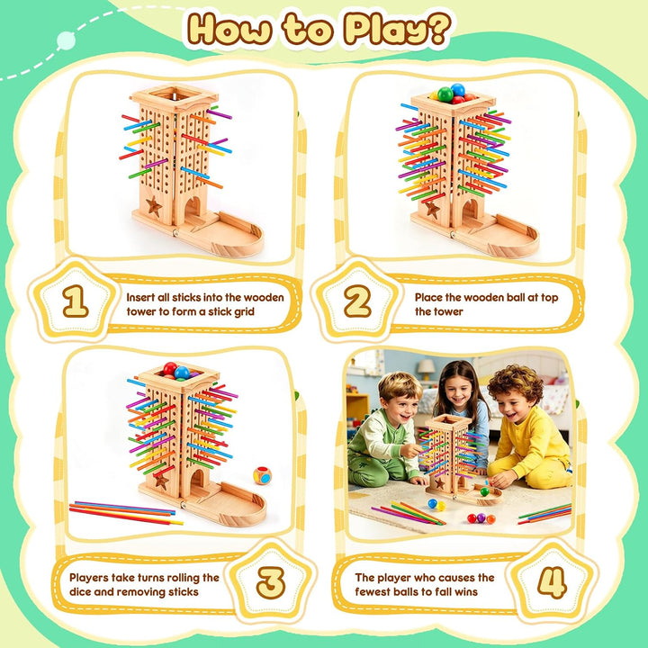 Montessori Spiel Holzbrettspiele für Kinder ab 3 4 5 6 Jahren | Reisespiel, Brettspiel mit 42 Stäbch
