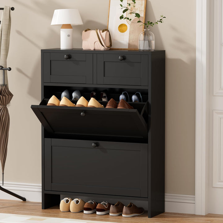 VOWNER Schuhschrank mit 2 Klappfächer, Schuhregal Schuhkipper Schmal, mit 4 Fächern, Verstellbar, An