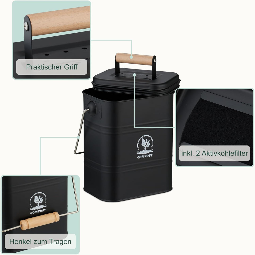 Relaxdays Komposteimer Küche, 3,5 Liter, 2 Aktivkohlefilter, Deckel, Henkel, Eisen & Holz, Biomüllbe