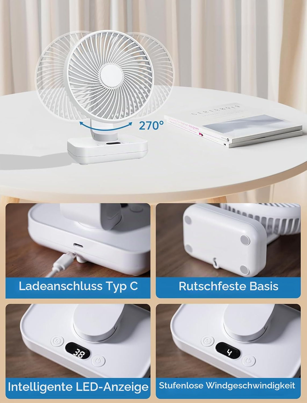 Mini Ventilator Oszillierend Ultra Leise, 4000mAh Akku Klein Tischventilator(4-13h), 4 Geschwindigke
