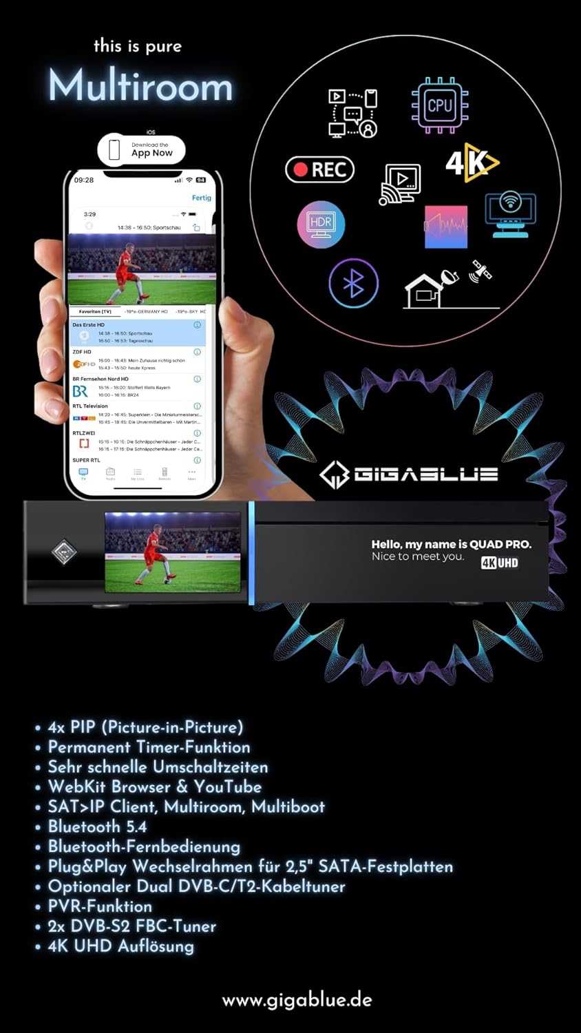 GigaBlue UHD Quad 4K Pro – PVR-Receiver mit HBB-TV, Bluetooth 5.4, 2X FBC DVB-S2 Tuner, Gigabit-LAN