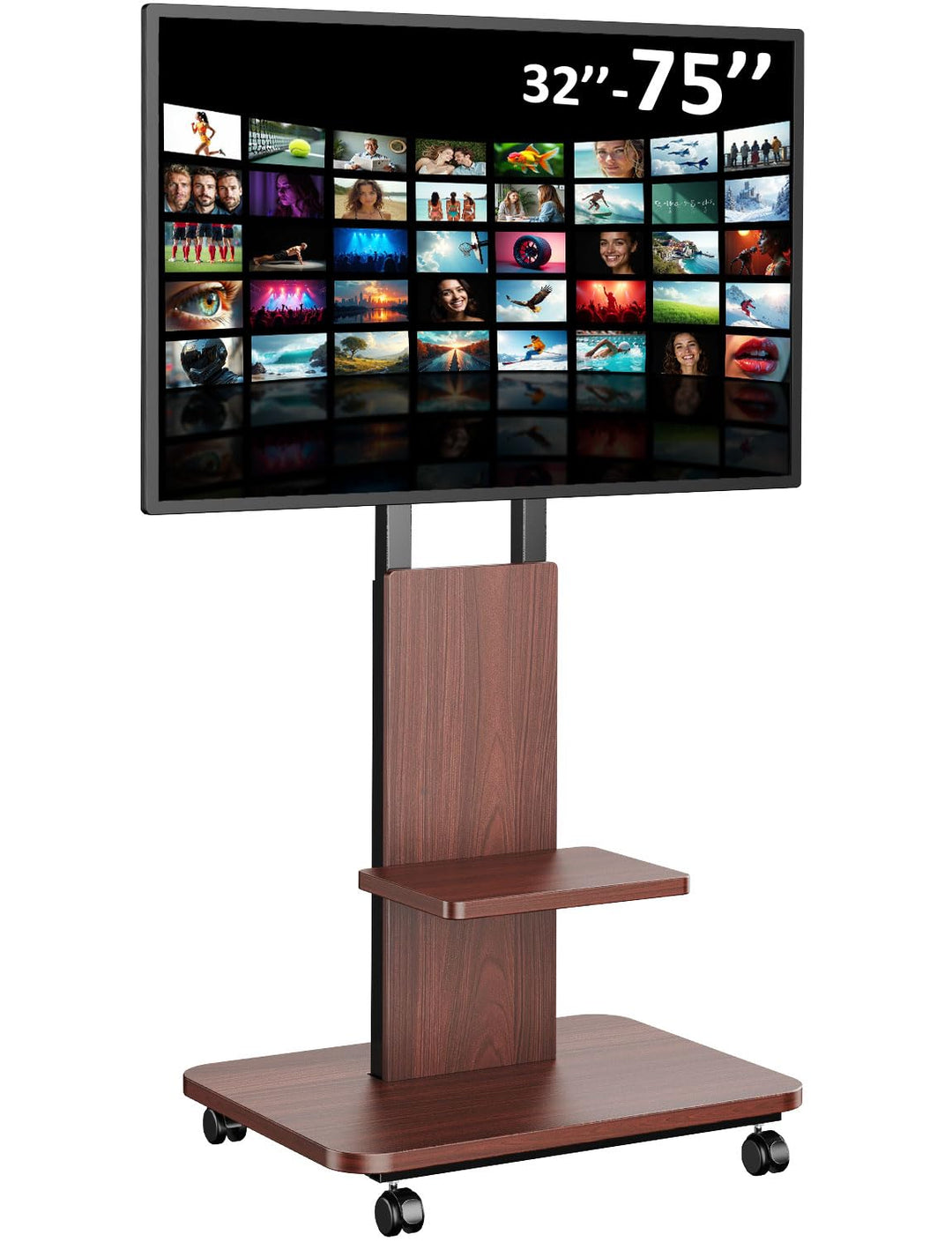 TV Ständer Rollbar mit Holzablage, Fernsehständer auf Rollen für 32-75 Zoll Fernseher, TV Bodenständ