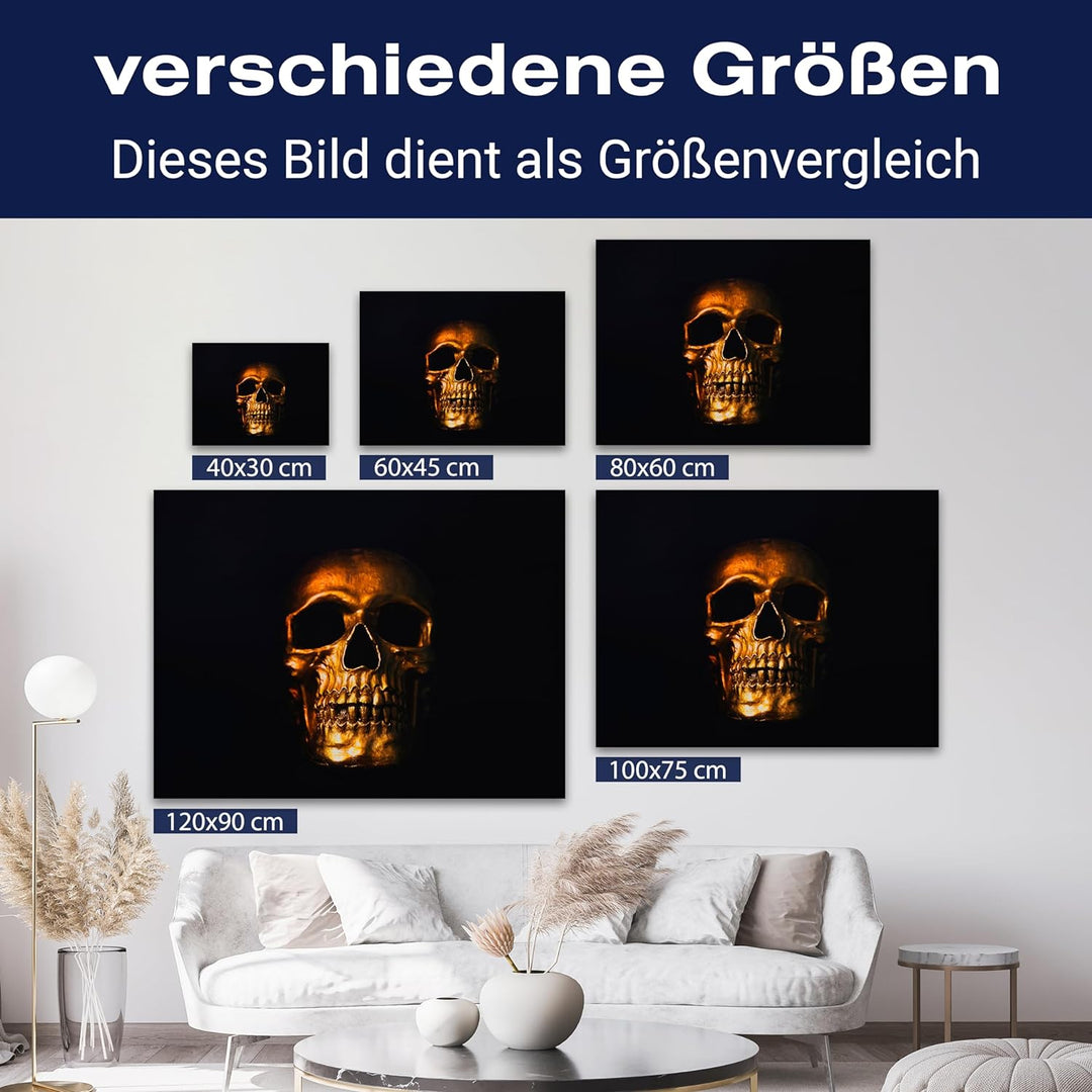 wandmotiv24 Leinwand-Bilder Totenköpfe, Grösse 80x60cm, Querformat, Totenkopf in Gold, Knochen, Dunk