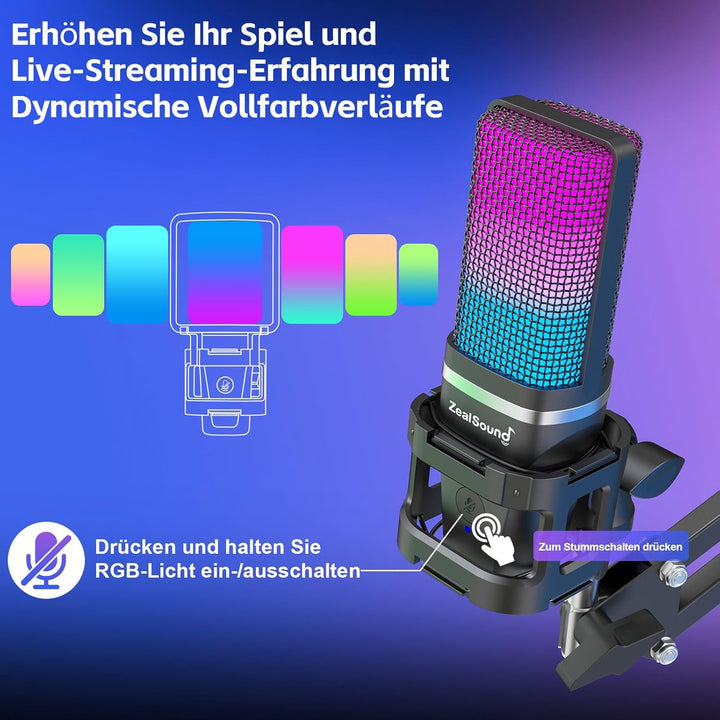 zealsound USB Gaming Mikrofon für PC Mac iPhone mit RGB/Mute/2 Adapter & 2 Ständer(USB-C & Lightning