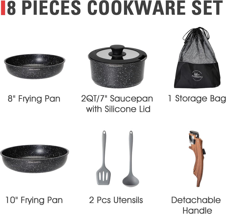 Kitchen Academy Pfannenset Abnehmbarer Griff - 10 Teilig Induktion Töpfe Set für alle Herdarten, Pfa