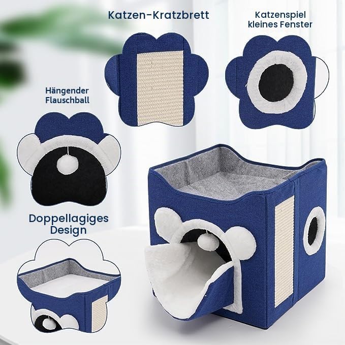 Faltbares Katzenhaus Grosser Katzenhaus Höhle für Katzen und kleine Hunde mit Kratzbrett und Flausch