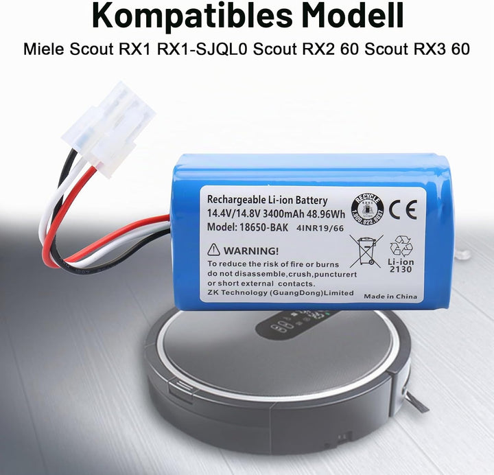 14,4 V 3400 mAh Lithium-Ionen-Akku, kompatibel mit Miele Scout RX1, RX1-SJQL0, RX2 60, RX3 60 (Miele