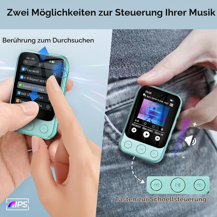 64GB MP3 Player Bluetooth 5.3 mit Clip, Touchscreen &amp; Tasten, Lautsprecher