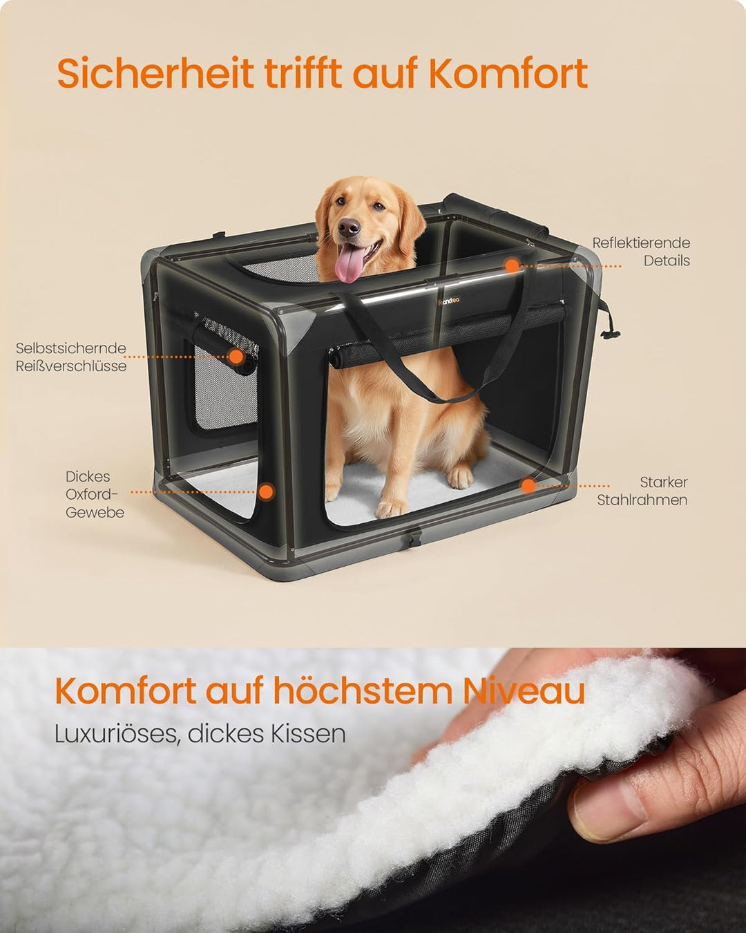 Feandrea Hundebox faltbar, Transportbox, Hundetasche, Oxford-Gewebe, mit 4 Türen aus Netzstoff, Grif