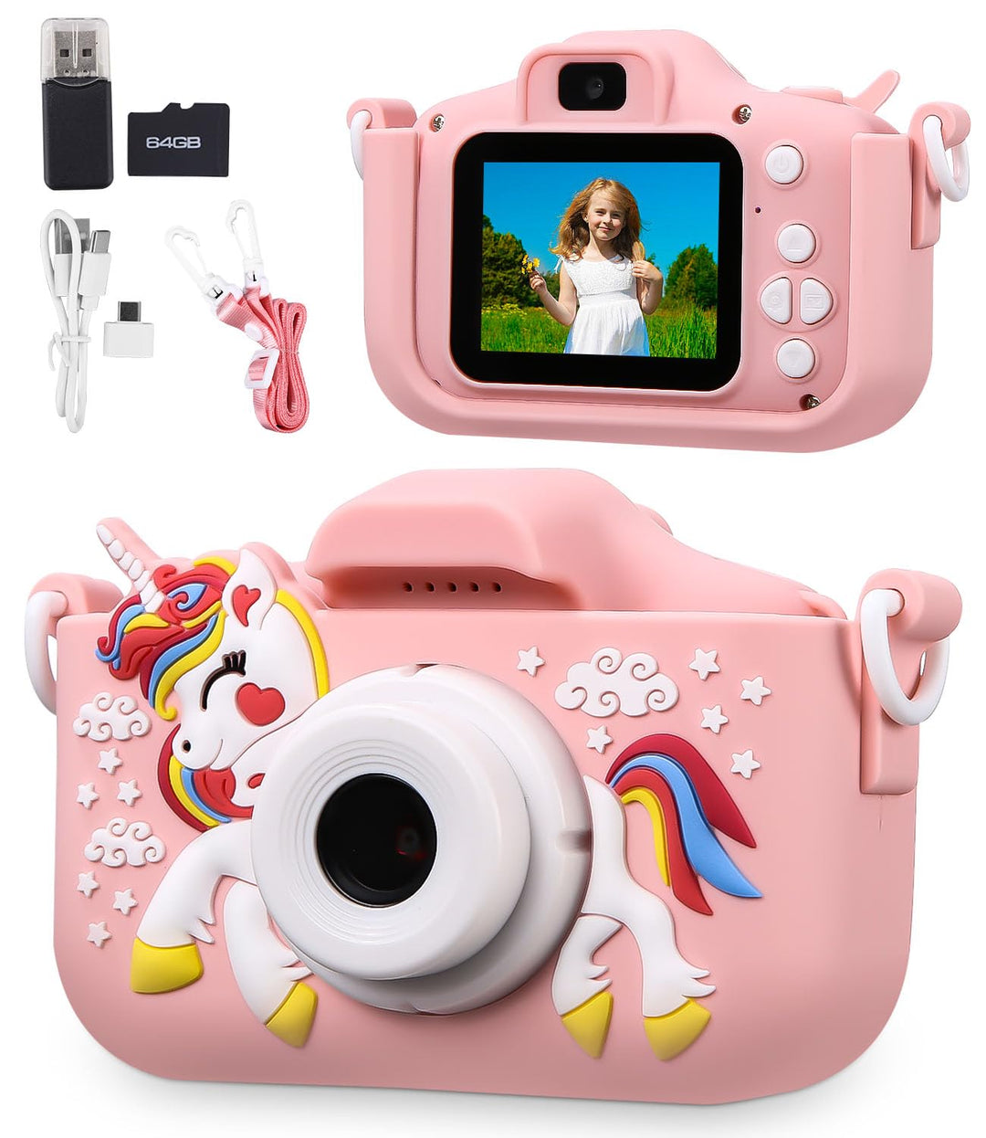 Kinderkamera 1080P Bildschirm Kamera mit 64GB-Karte Selfie Digitalkamera für 3-12 Jahre Jungen &amp; Mäd