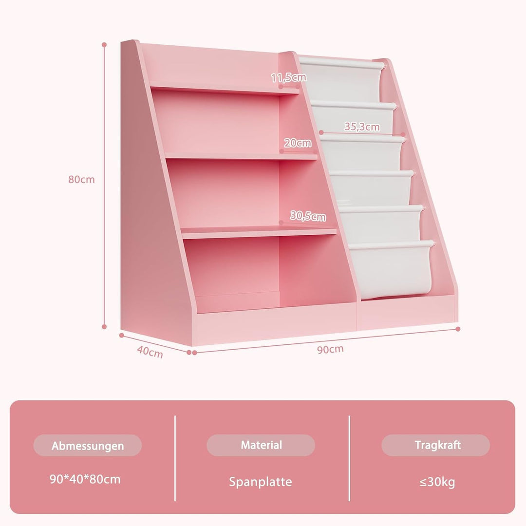 NACHES Kinderregal Bücherregal für Kinder, 90x40x80cm, mit 5 Ablage und 4 offenen Fächern, aus Holz,