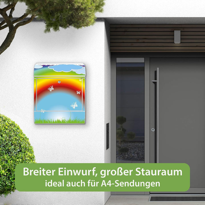 banjado® Design Briefkasten mit Motiv Regenbogen 39x47x14cm &amp; 2 Schlüssel - Briefkasten Stahl weiss