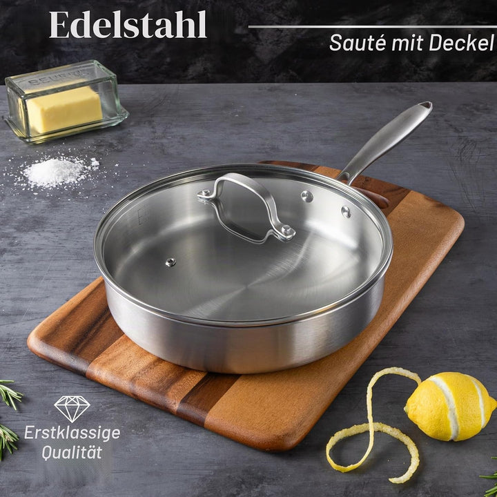nuovva Edelstahl-Sautépfanne mit Glasdeckel, Induktionsherd, antihaftbeschichtet, 28 cm Bratpfanne S