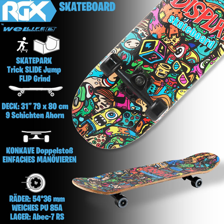 WeLLIFE - RGX Skateboard Skateboard (31"x8") 79x20cm aus 9 Schichten Ahorn Design konkave PU Rad 54*