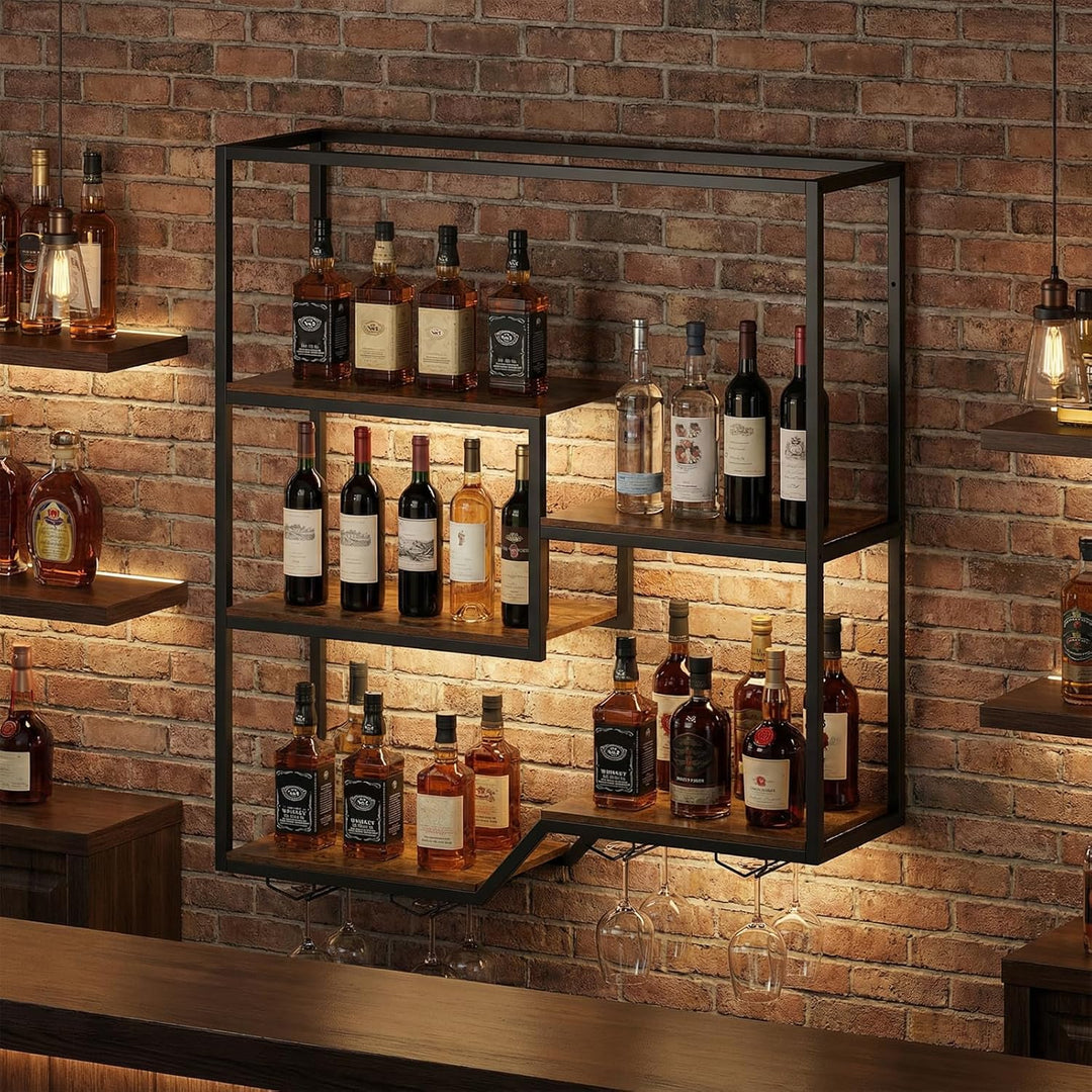 COSTWAY Weinregal Wand, Bar Regal mit 6 Regalböden & 4 Glashalter, Flashenregal Metall, Weinflaschen