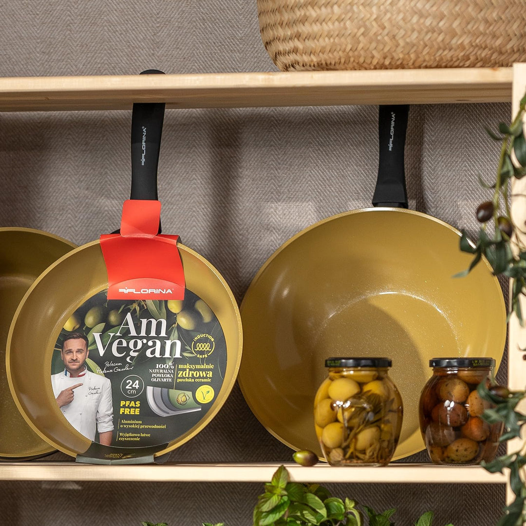 Florina AMVEGAN Aluminiumbratpfanne WOK 28 cm I Hohe Haltbarkeit I Olivenöl-Keramikbeschichtung I Ei