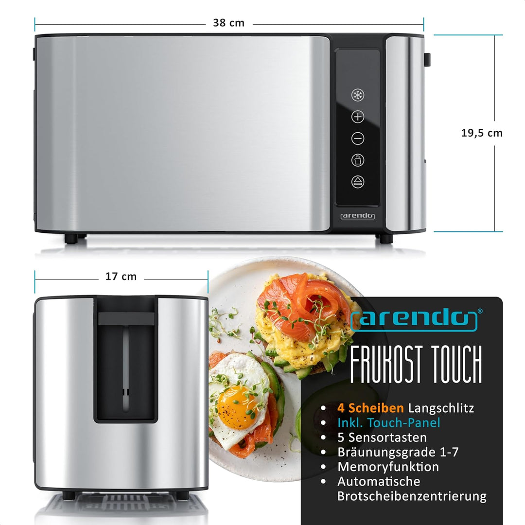 Arendo - Edelstahl Toaster Langschlitz 4 Scheiben - Touchscreen – Doppelwandgehäuse – 1500 W – Integ